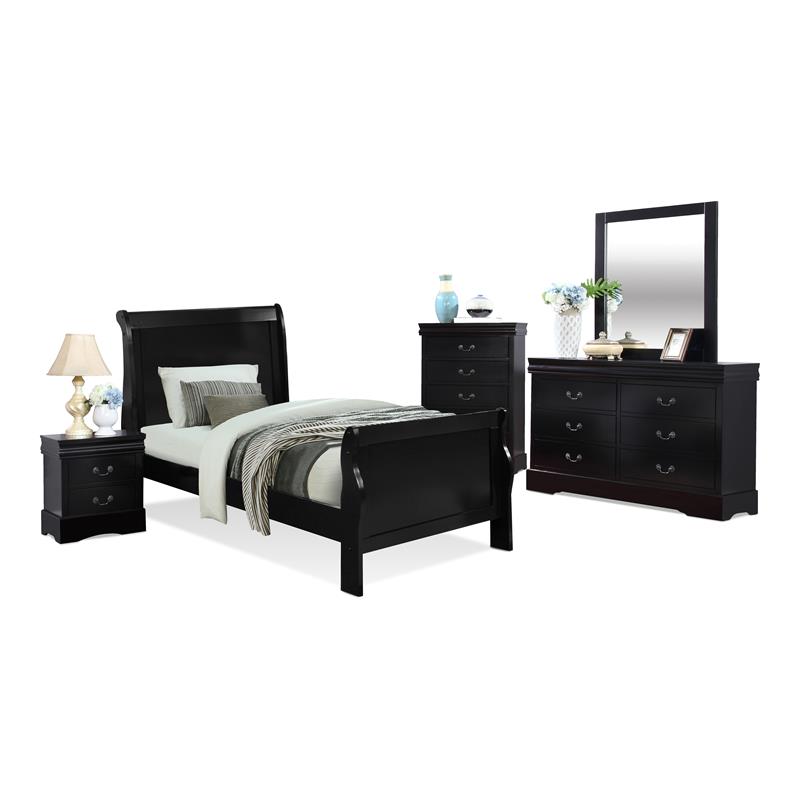 Bella Esprit 5-piece Traditional Solid Wood Twin Sleigh Bedroom Set in Black