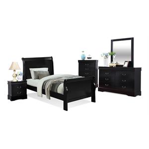 Bella Esprit 5-piece Traditional Solid Wood Twin Sleigh Bedroom Set in Black