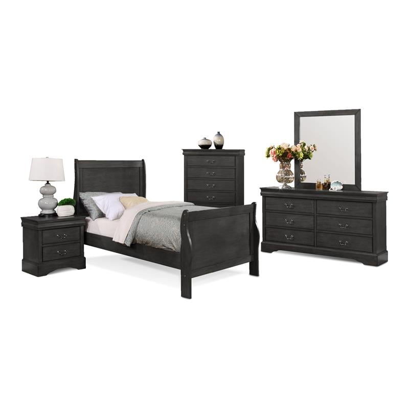 Bella Esprit 5-piece Traditional Solid Wood Twin Sleigh Bedroom Set in Charcoal