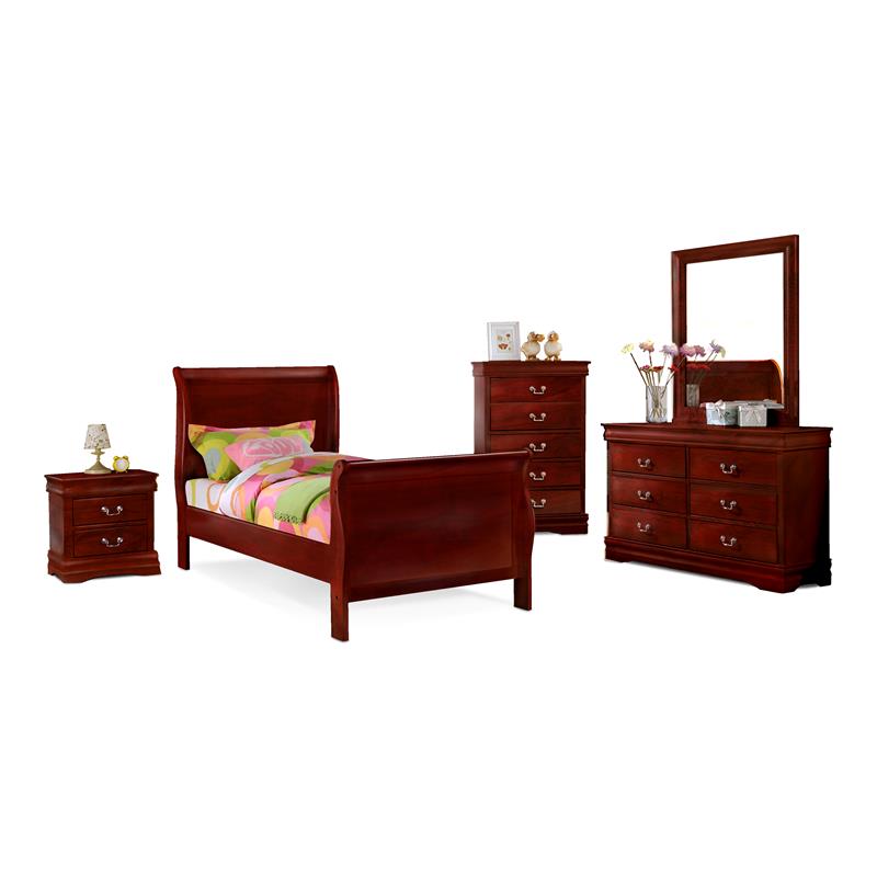 Bella Esprit 5-piece Traditional Solid Wood Twin Sleigh Bedroom Set in Cherry
