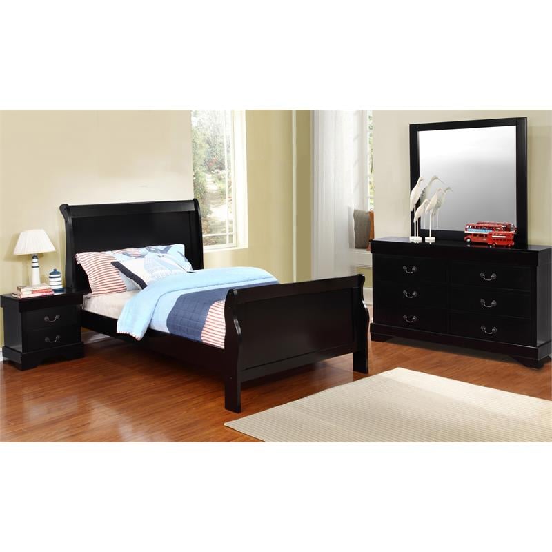 Bella Esprit 4-piece Traditional Solid Wood Twin Sleigh Bedroom Set in Black