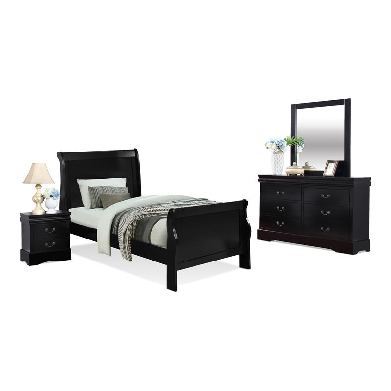Bella Esprit 4-piece Traditional Solid Wood Twin Sleigh Bedroom Set in Black