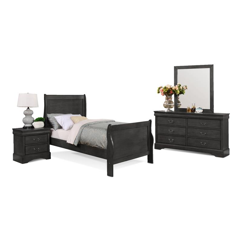 Bella Esprit 4-piece Traditional Solid Wood Twin Sleigh Bedroom Set in Charcoal
