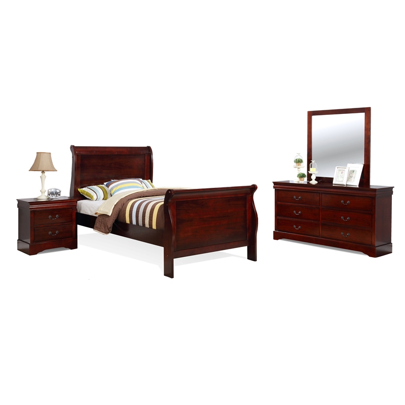 Bella Esprit 4-piece Traditional Solid Wood Twin Sleigh Bedroom Set in Cherry