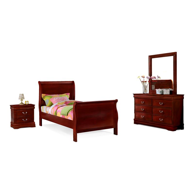 Bella Esprit 4-piece Traditional Solid Wood Twin Sleigh Bedroom Set in Cherry