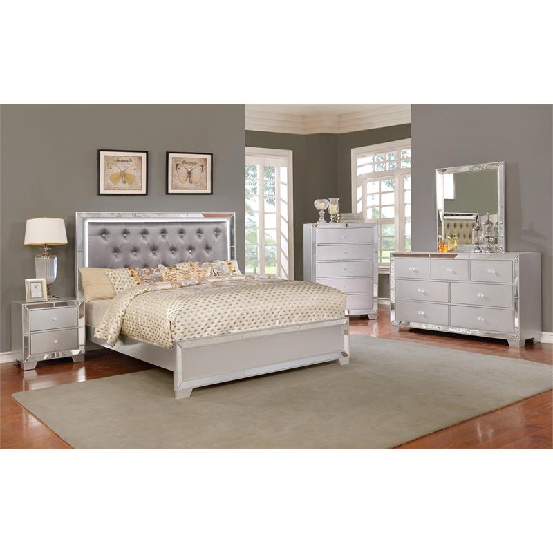 Bella Esprit 5-piece Crystal Tufted Wood Bedroom Set with LED Lighting in Silver