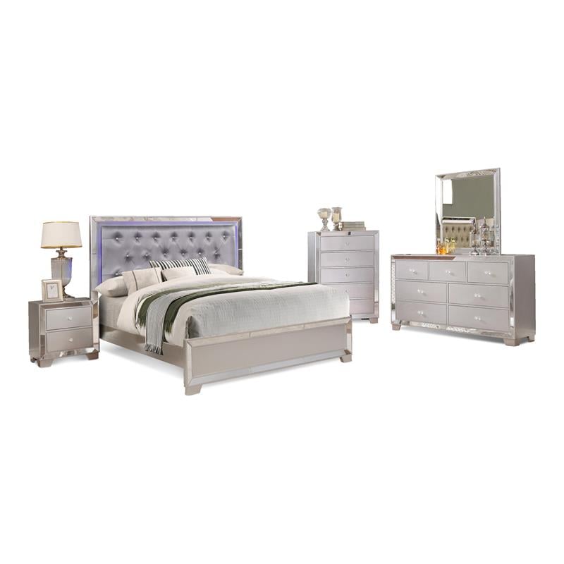 Bella Esprit 5-piece Crystal Tufted Wood Bedroom Set with LED Lighting in Silver