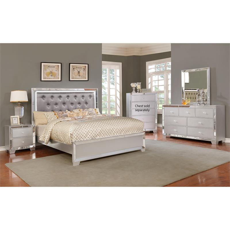Bella Esprit 4-piece Crystal Tufted Wood Bedroom Set with LED Lighting in Silver