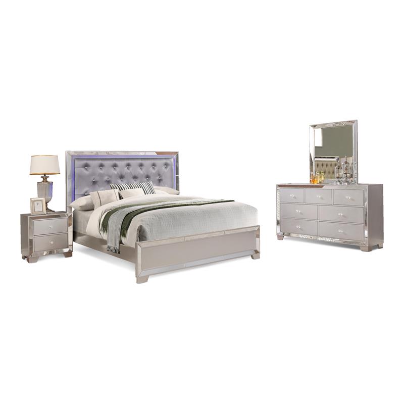 Bella Esprit 4-piece Crystal Tufted Wood Bedroom Set with LED Lighting in Silver