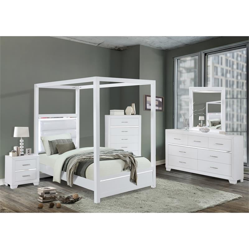 Bella Esprit 5-piece Wood Canopy Twin Bedroom Set with LED Lighting in White
