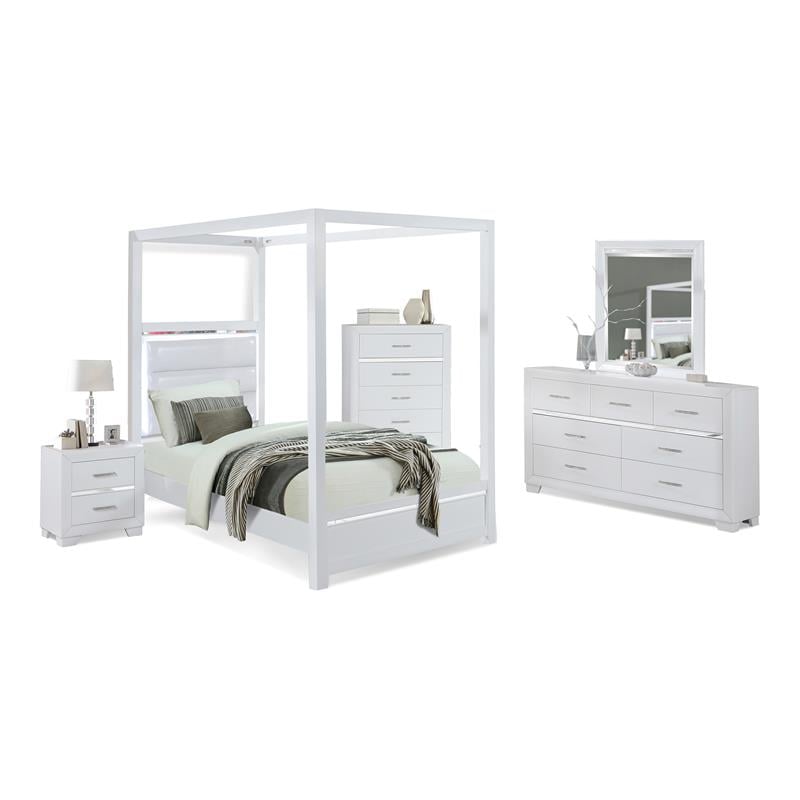 Bella Esprit 5-piece Wood Canopy Twin Bedroom Set with LED Lighting in White