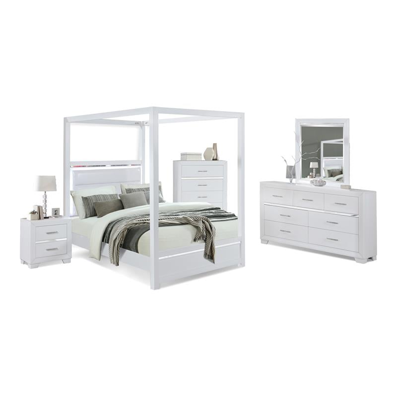 Bella Esprit 5-piece Wood Canopy Full Bedroom Set with LED Lighting in White