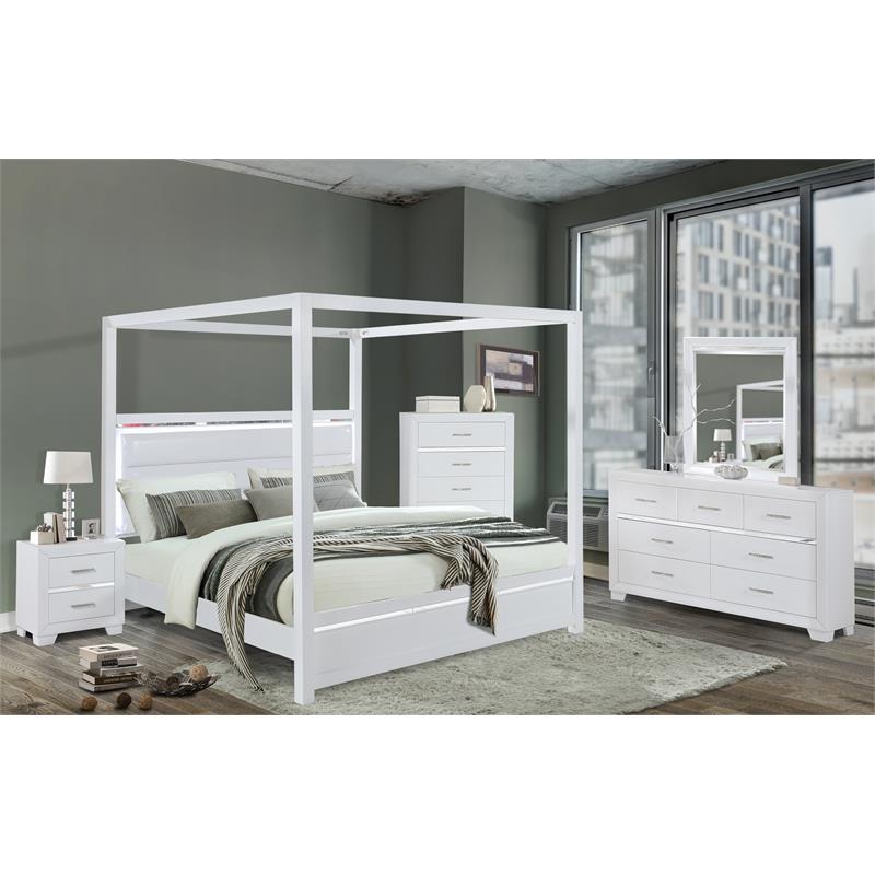Bella Esprit 5-piece Wood Canopy Queen Bedroom Set with LED Lighting in White