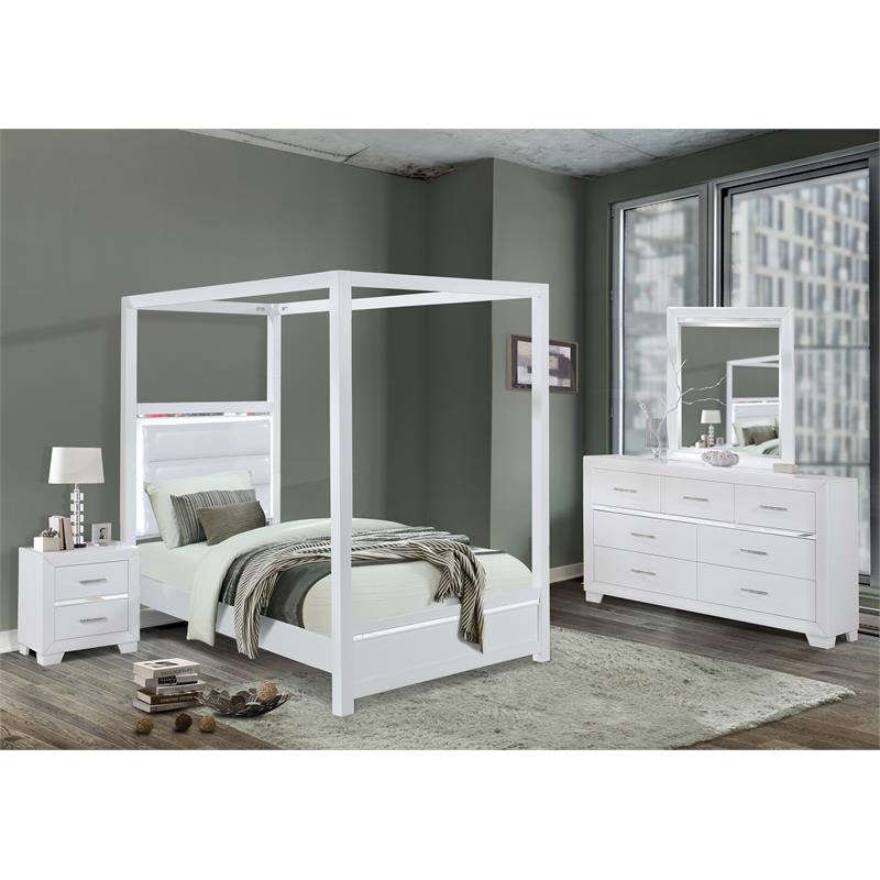 Bella Esprit 4-piece Wood Canopy Twin Bedroom Set with LED Lighting in White