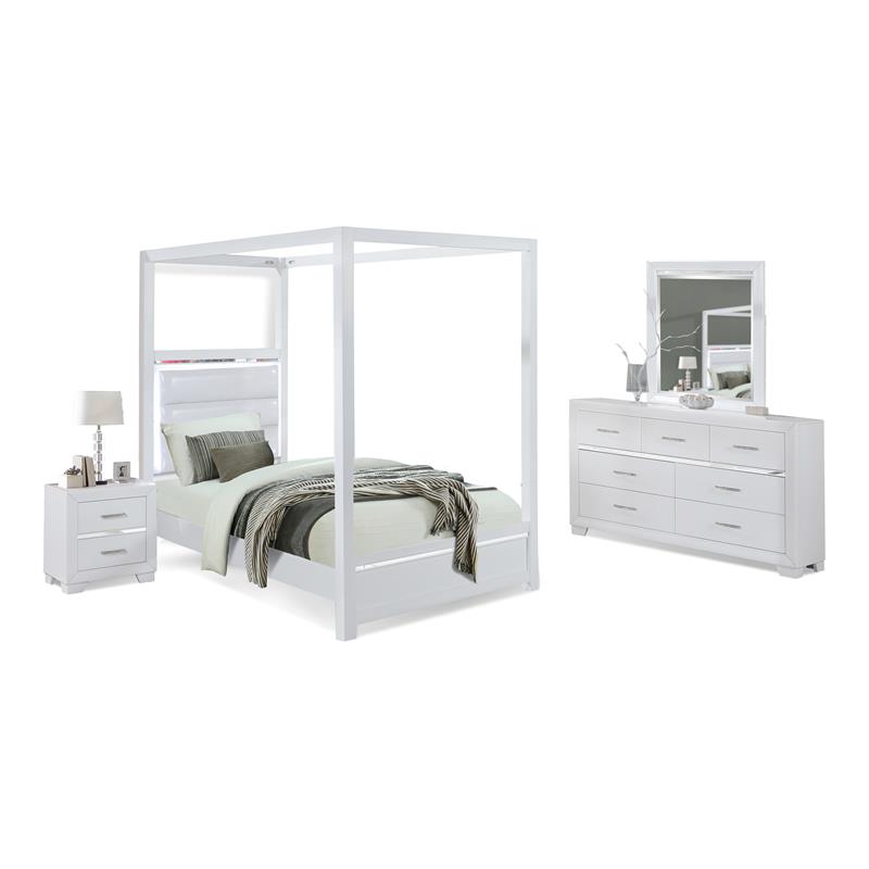 Bella Esprit 4-piece Wood Canopy Twin Bedroom Set with LED Lighting in White