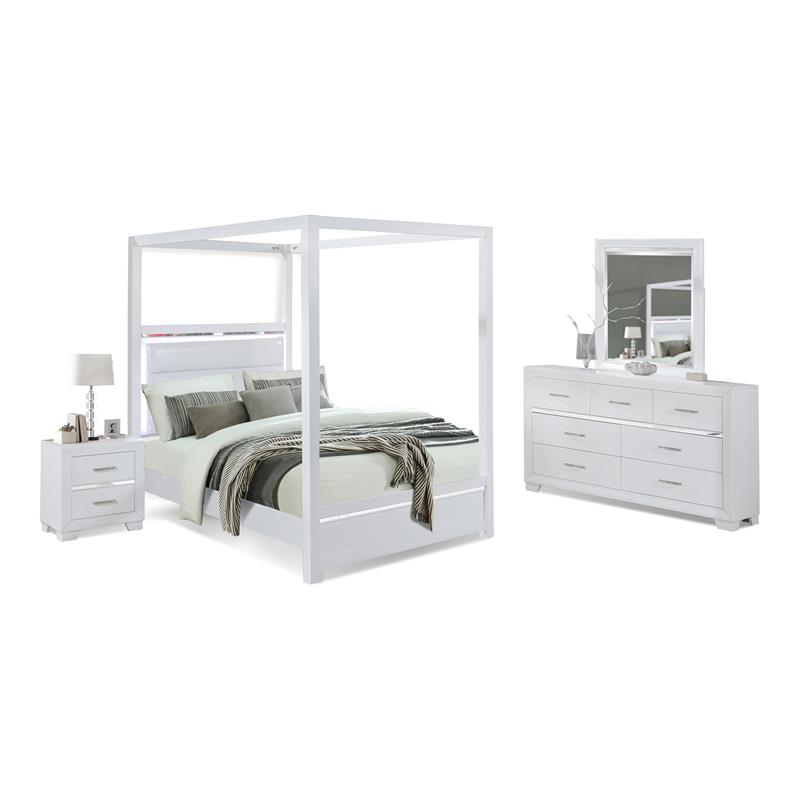 Bella Esprit 4-piece Wood Canopy Full Bedroom Set with LED Lighting in White