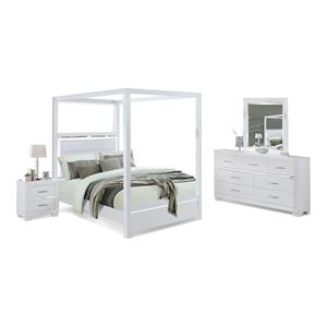 Bella Esprit 4-piece Wood Canopy Full Bedroom Set with LED Lighting in White