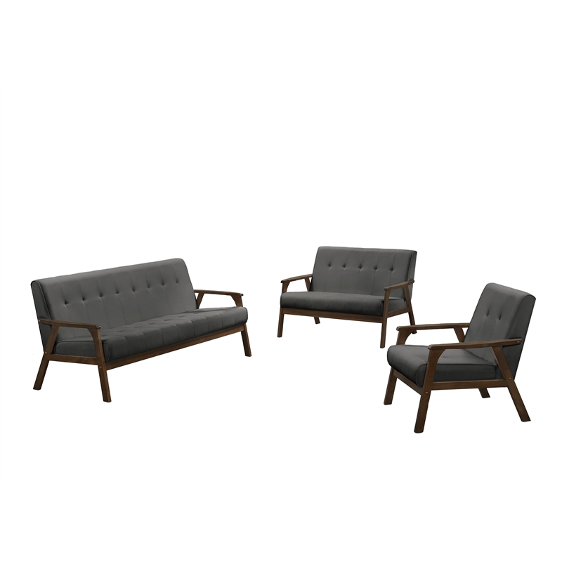 Uptown Modern Iven Wood Arm Chair Sofa & Love Seat Set Woven Fabric in Grey