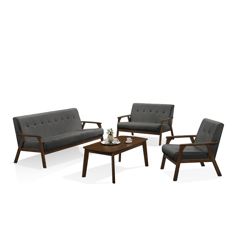Uptown Modern Iven Mid Century Wood Arm 4pc Living Room Set Woven Fabric in Grey