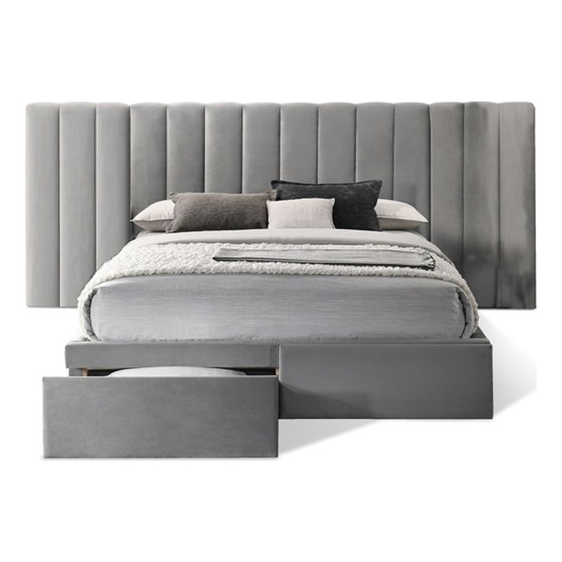Reve & Belle King Size Velvet continuous spread Headboard with Footboard Gray