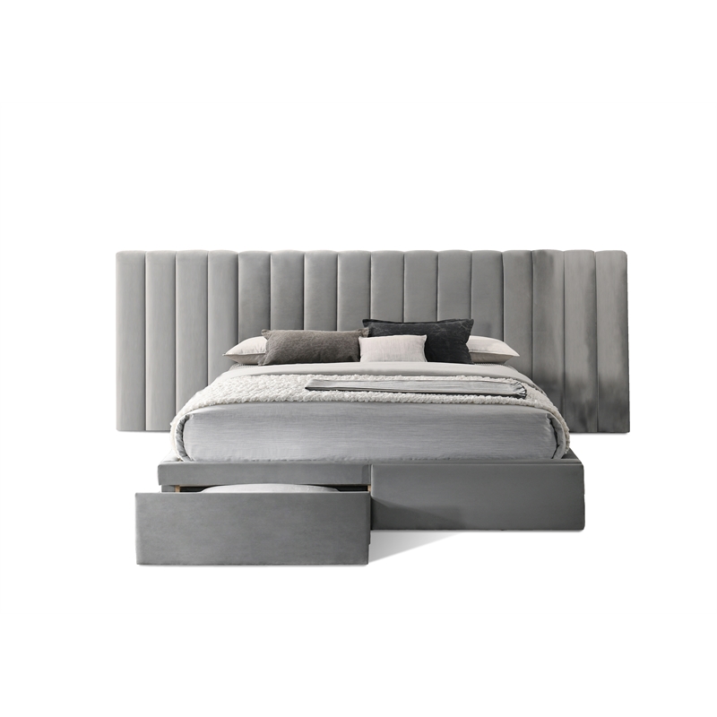 Reve & Belle King Size Velvet continuous spread Headboard with Footboard Gray