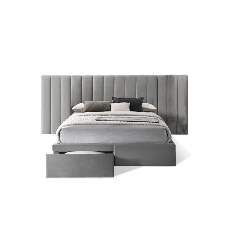 Reve & Belle Queen Size Velvet continuous spread Headboard with Footboard Gray