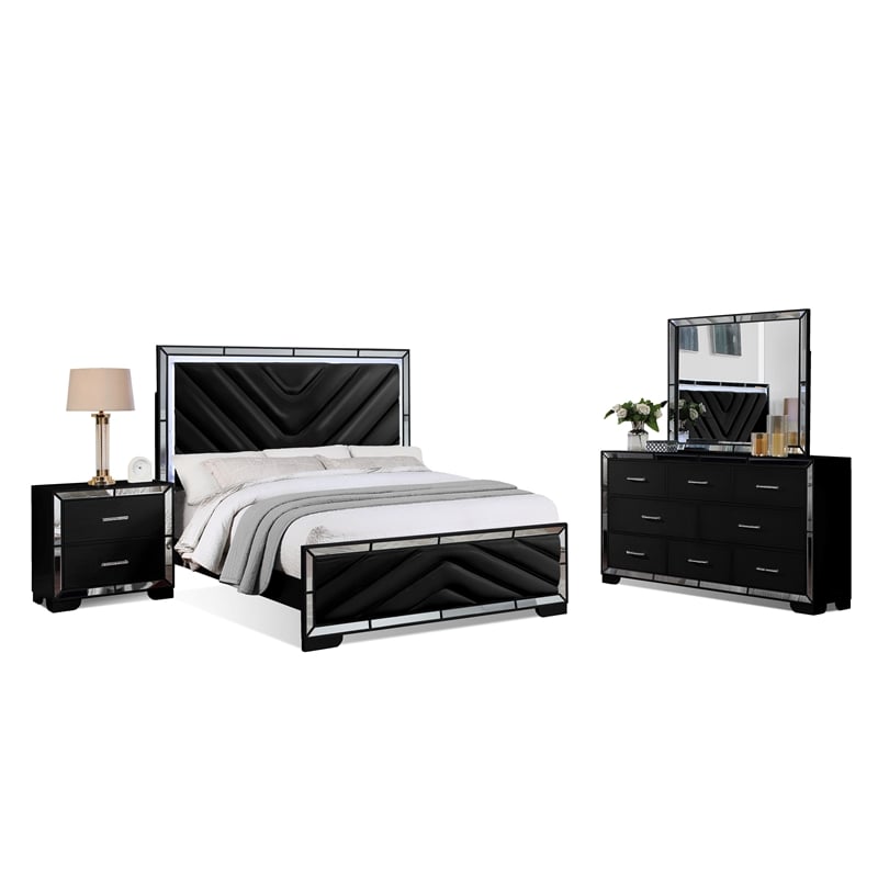 Reve & Belle 4pc Queen Wood Bedroom Set with LED Lights in Black