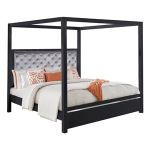 Pendry Studio Canopy Velvet Tufted Queen Size Wood Bed in Charcoal