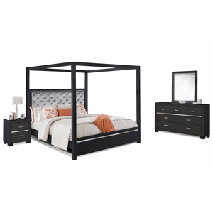 Pendry Studio Canopy Velvet tufted with LED 4pc Queen Wood Bedroom Set Charcoal