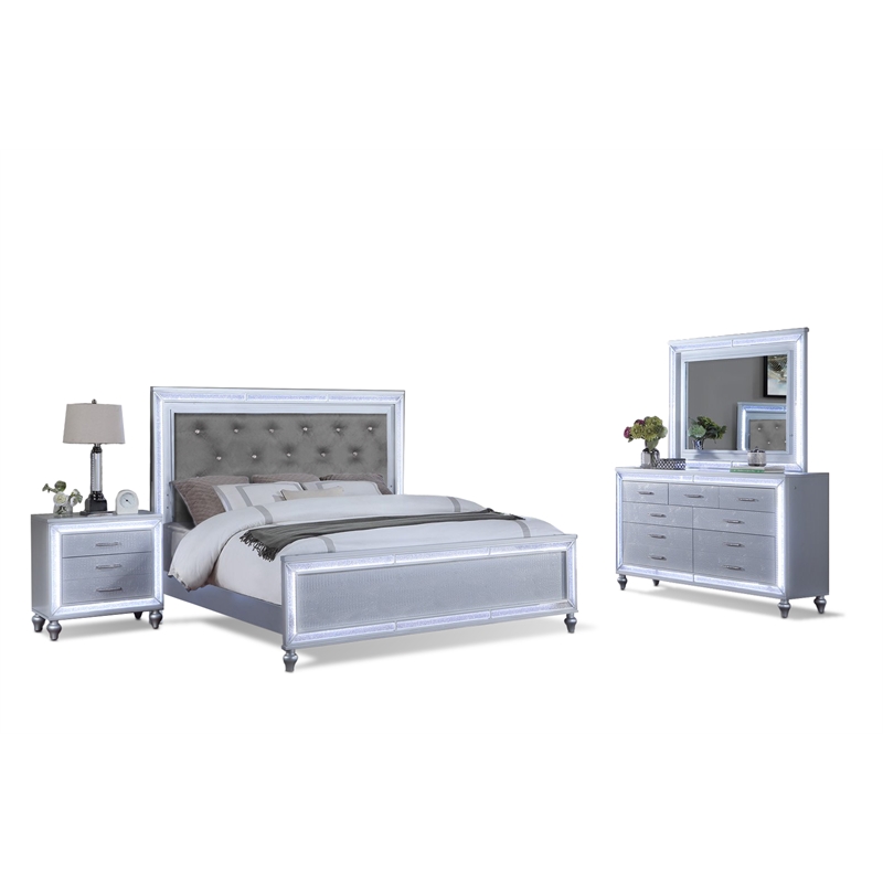 Reve & Belle Crystal Tufted Headboard w/LED lights 4pc Queen Bedroom Set Silver