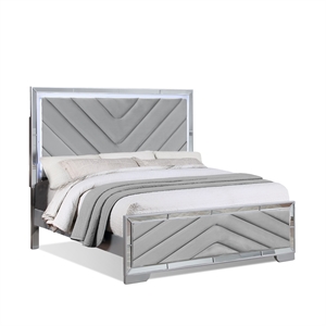 Reve & Belle Mirrored Trim Queen Wood Bed with LED Lights Silver