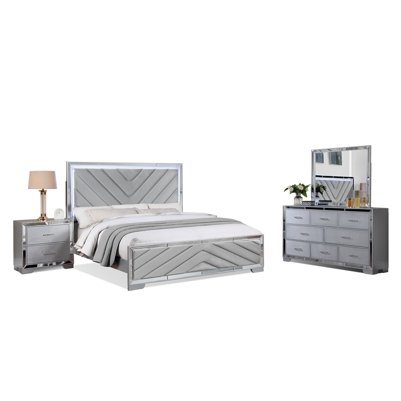 Reve & Belle 4pc Mirrored Trim King Wood Bedroom Set with LED Lights Silver