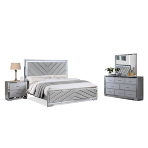 Reve & Belle 4pc Mirrored Trim King Wood Bedroom Set with LED Lights Silver