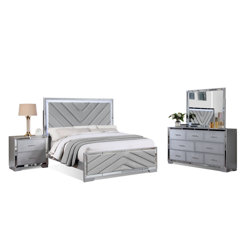 Reve & Belle 4pc Mirrored Trim Queen Wood Bedroom Set with LED Lights Silver
