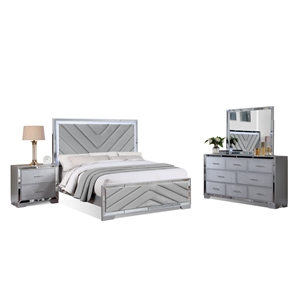 Reve & Belle 4pc Mirrored Trim Queen Wood Bedroom Set with LED Lights Silver