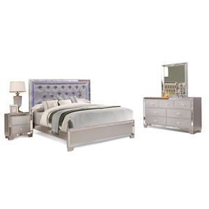Reve & Belle Crystal Tufted with 4pc LED Queen Bedroom Set in Metallic Silver