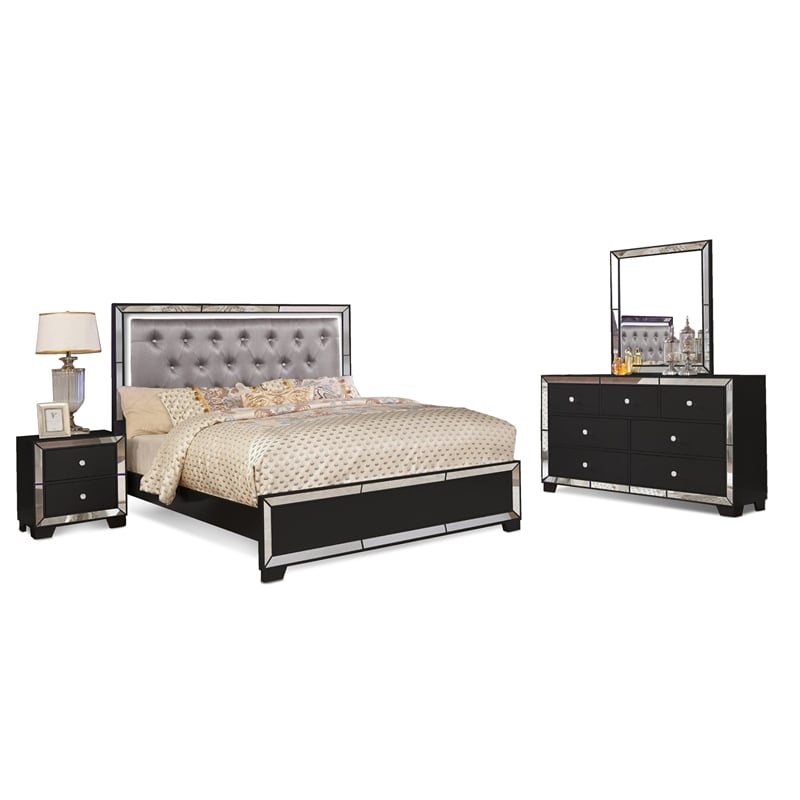 Reve & Belle Crystal Tufted with LED lightning 4pc Queen Bedroom Set in Black