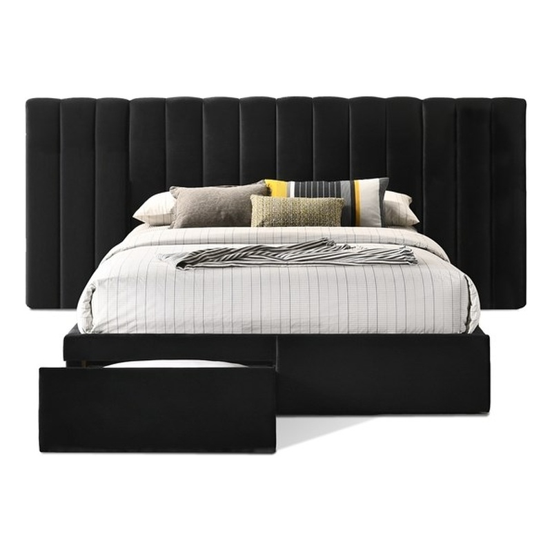 Reve & Belle Queen Size Velvet continuous spread Headboard with Footboard Black