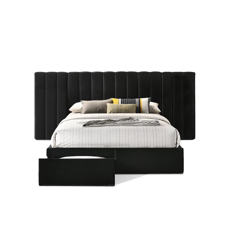 Reve & Belle Queen Size Velvet continuous spread Headboard with Footboard Black
