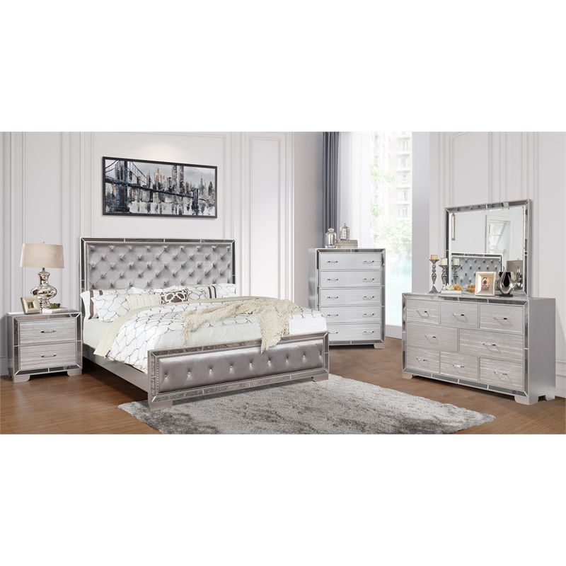 Reve & Belle Anzell 5pc King Wood Bedroom Set with Mirror Trim in Silver
