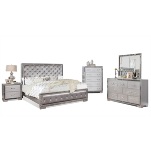 Reve & Belle Anzell 5pc King Wood Bedroom Set with Mirror Trim in Silver