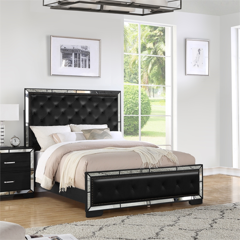 Reve & Belle Anzell King Bed with Mirror Trim Solid & Manufactured Wood Black