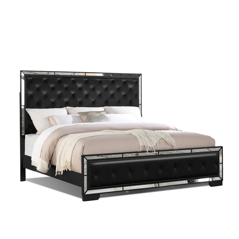 Reve & Belle Anzell King Bed with Mirror Trim Solid & Manufactured Wood Black