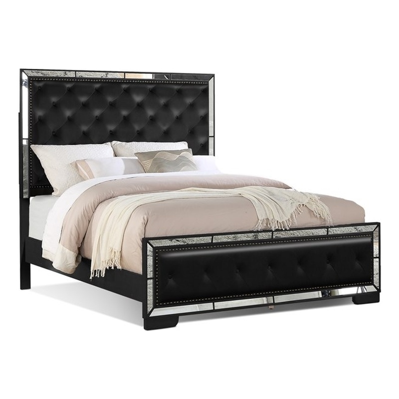 Reve & Belle Anzell King Bed with Mirror Trim Solid & Manufactured Wood Black