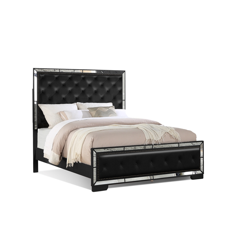 Reve & Belle Anzell Queen Bed with Mirror Trim Solid & Manufactured Wood Black