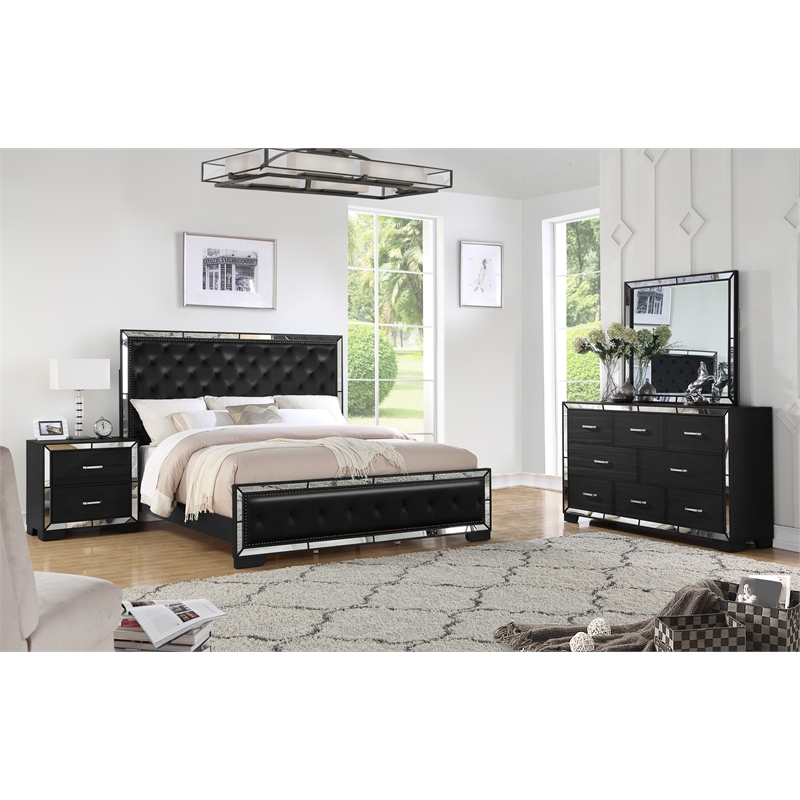 Reve & Belle Anzell 4pc King Wood Bedroom Set with Mirror Trim in Black