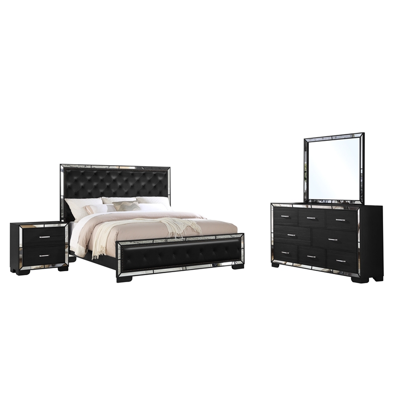 Reve & Belle Anzell 4pc King Wood Bedroom Set with Mirror Trim in Black