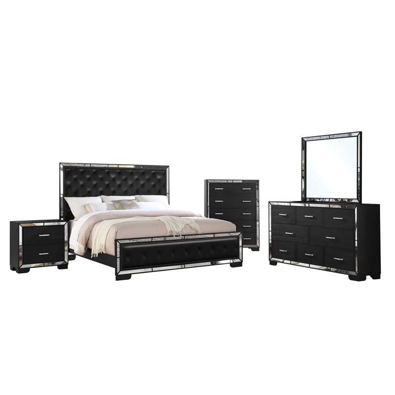 Reve & Belle Anzell 5pc King Wood Bedroom Set with Mirror Trim in Black