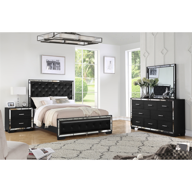 Reve & Belle Anzell 4pc Queen Bedroom Set with Mirror Trim in Wood and Black