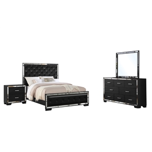 Reve & Belle Anzell 4pc Queen Bedroom Set with Mirror Trim in Wood and Black